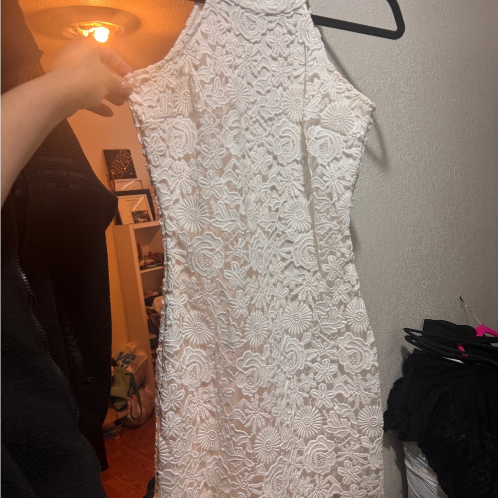 Lulu's White Lace High-Neck Midi Dress.